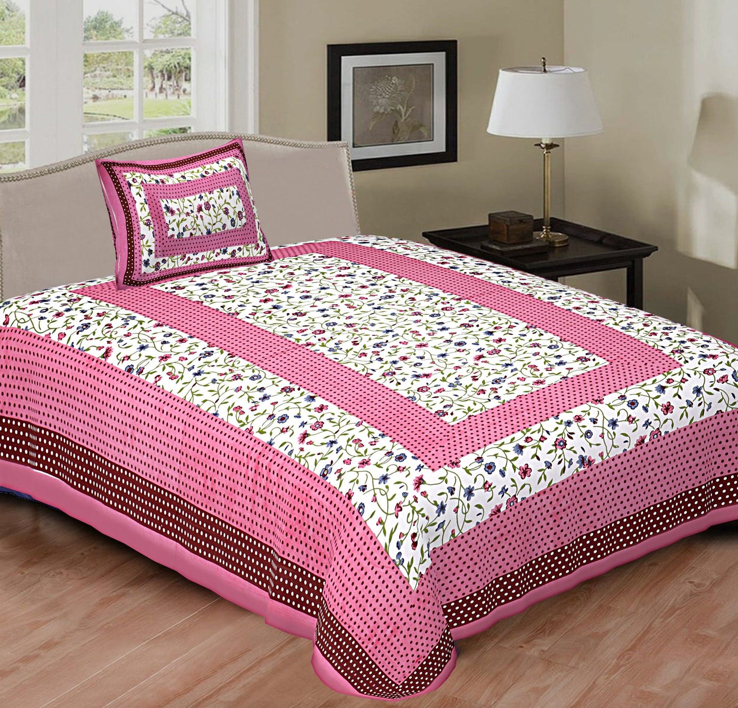 104 TC Cotton Single Printed Bedsheet (Pack of 1, Pink)