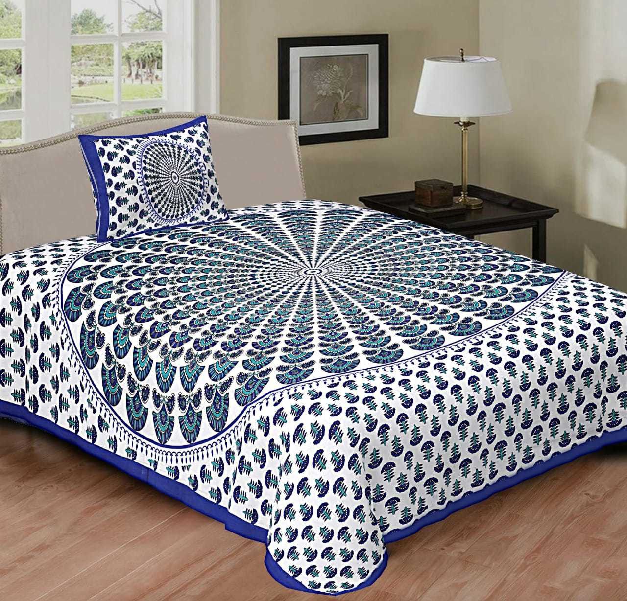 140 TC Cotton Single Printed Bedsheet (Pack of 1, Blue)